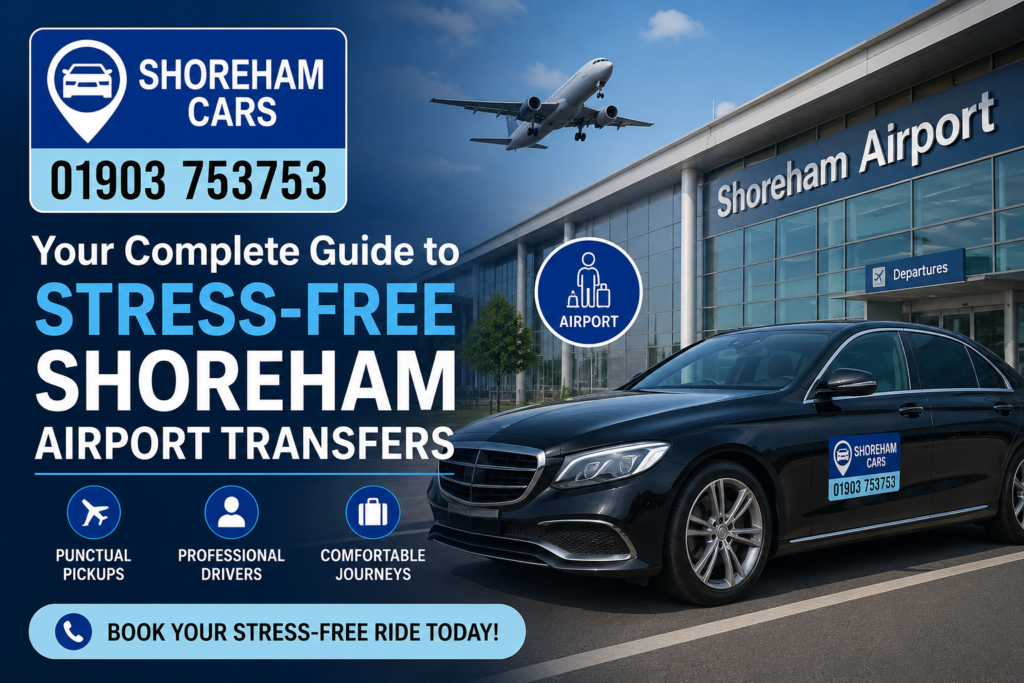Shoreham Cars airport transfer service banner with professional taxi and airport terminal